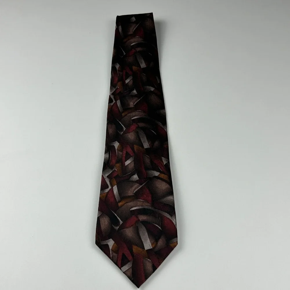 Vintage 1996 J Garcia‎ Curves and Lines Burgundy Abstract 100% Silk Tie Korea